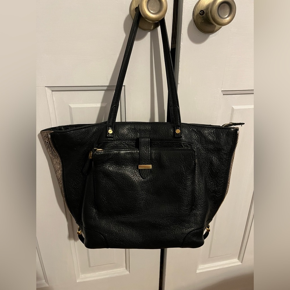 Tory Burch black leather shoulder bag purse with snakeskin sides